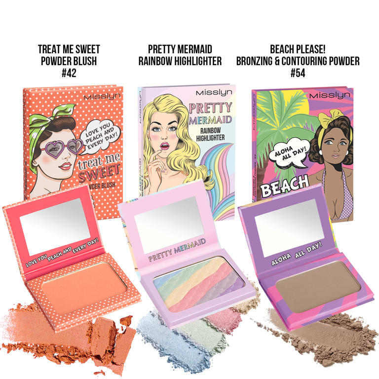 treat me SWEET POWDER BLUSH & PRETTY MERMAID RAINBOW HIGHLIGHTER & BEACH PLEASE! BRONZING & CONTOURING POWDER SET