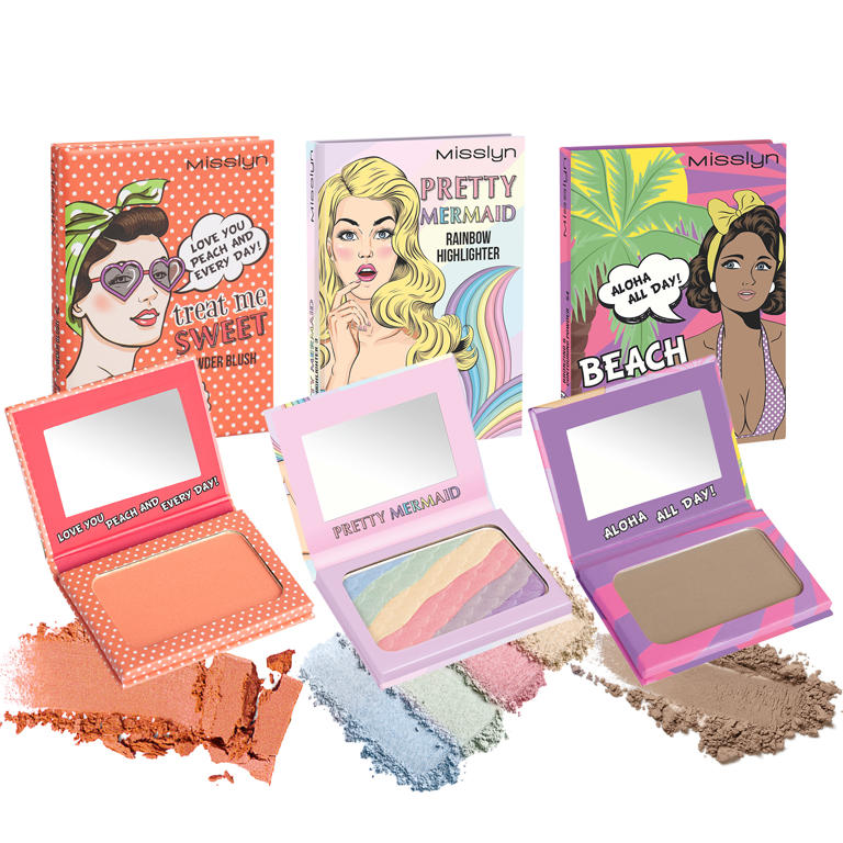 treat me SWEET POWDER BLUSH & PRETTY MERMAID RAINBOW HIGHLIGHTER & BEACH PLEASE! BRONZING & CONTOURING POWDER SET